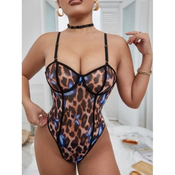Butterfly & Leopard Print Mesh Underwire Teddy Bodysuit With Choker - Picture 4 of 6